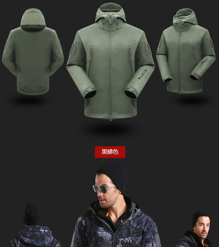 2023New Outdoor Shark Skin Soft Shell Plush Thickened Climbing Tactics Special Training Wind Proof and Waterproof Sweater Jacket