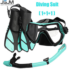 JSJM 1+1+1 Professional Scuba Diving Mask Equipment Diving Glasses HD Anti Fog Scuba Mask Underwater Snorkeling Snorkel Flippers