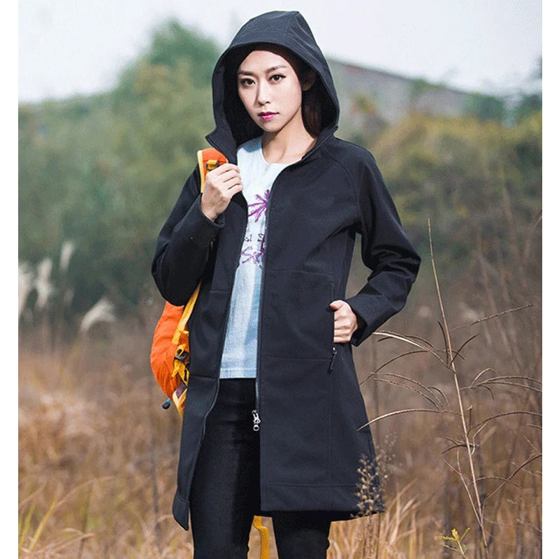 TRVLWEGO Woman's Outdoor Long Style Fleece Hiking Camping Trekking Casual Sports Hooded Jacket Windbreaker Soft Shell Clothing