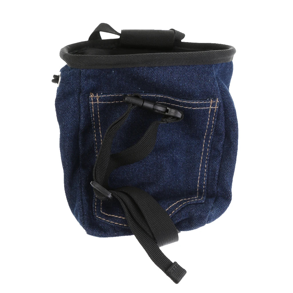 Denim Rock Climbing Chalk Bag With Waist Belt & Drawstring Closure