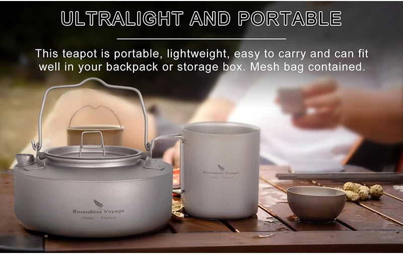 Boundless Voyage Titanium Camping Kettle Portable Teapot with Folding Handle Outdoor Cookware Ultralight Tableware 700ml Ti3100D