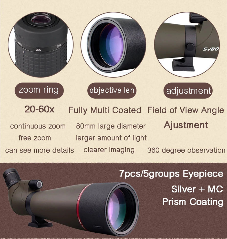 Svbony Telescope SV13 20-60x80 Zoom Spotting Scope 45-Degree Large Field of View Birdwatching Hiking Camping Equipment