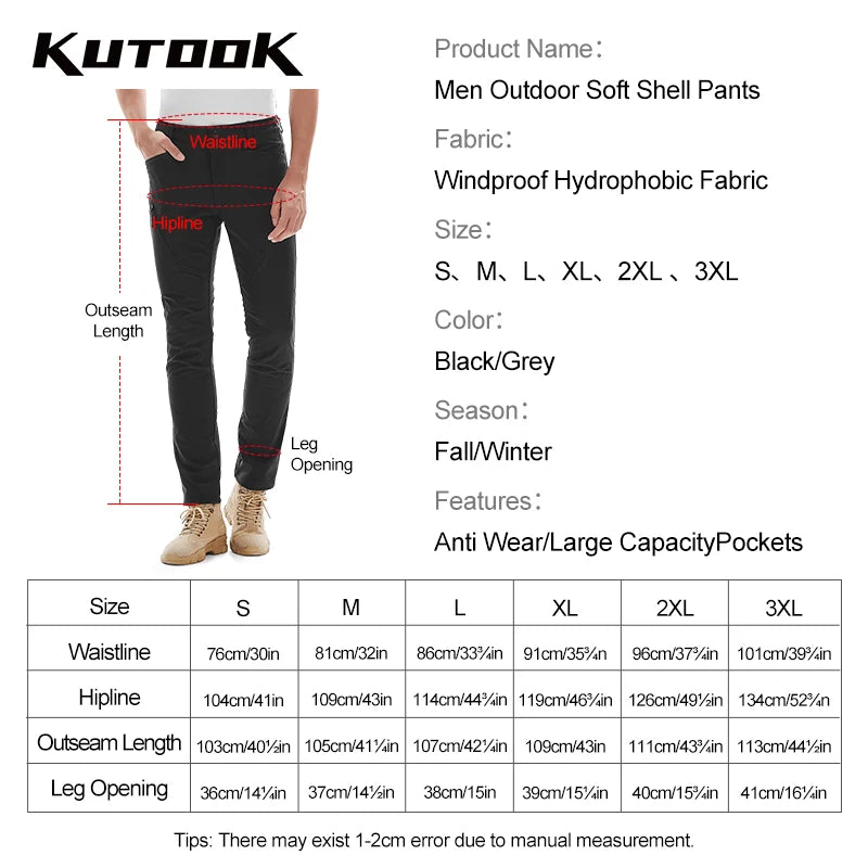 KUTOOK Men Trekking Pants Winter Cargo Pants for Man Waterproof Thermal Outdoor Hiking Softshell Pants Camping Trousers Clothing