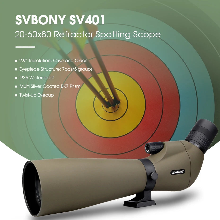 Svbony SV401 20-60x80 Spotting Scope BK7 Silver + MC Prism IPX6 Waterproof spyglass with Tripod Camping Equipment