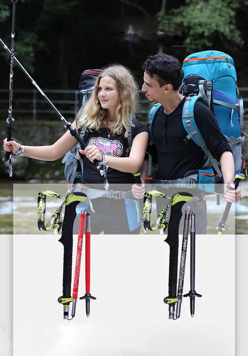 Pioneer Carbon Fiber Walking Sticks Folding Trekking Poles Ultralight Alpenstocks For Outdoor Camping Hiking Trail Running