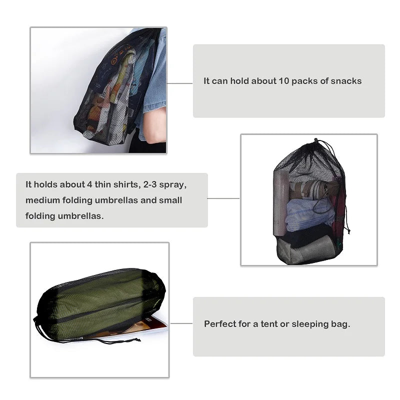 Boundless Voyage 5pcs Black Nylon Mesh Bag Gym Drawstring Net Bag Travel Stuff Sack for Cookware Outdoor Tools Storage Ditty Bag