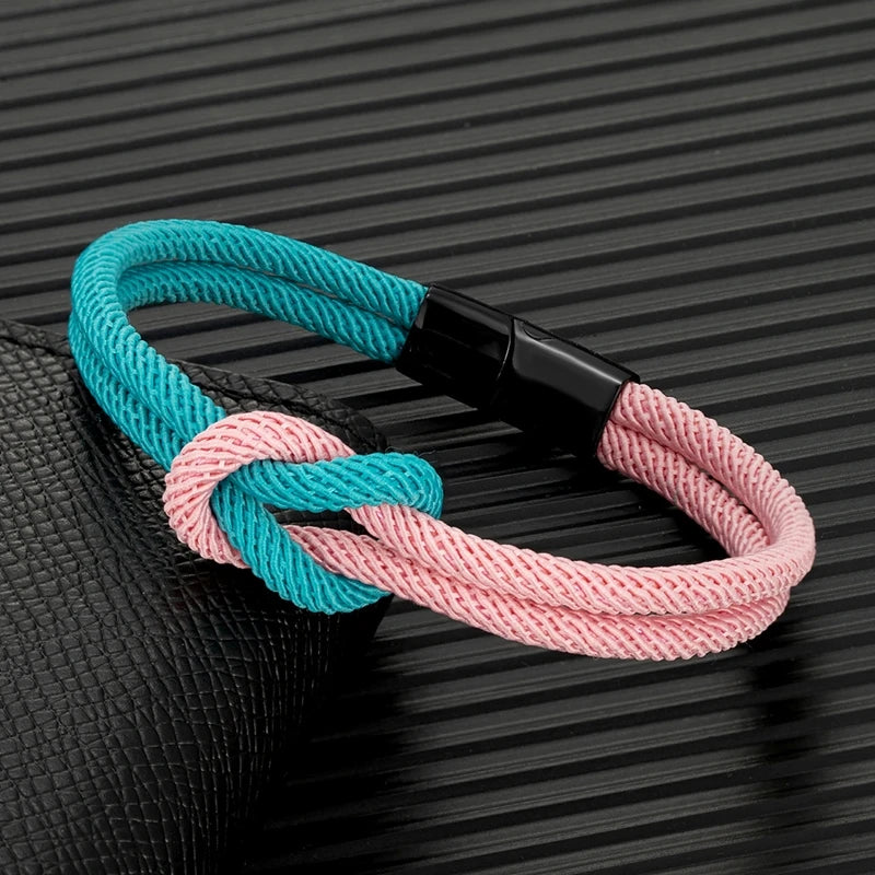 Men Women Stylish Two -Toned Bondage Rope Square Knot Bracelet Outdoor Adventure Climbing Surf Bracelet With Black 316L Magnet