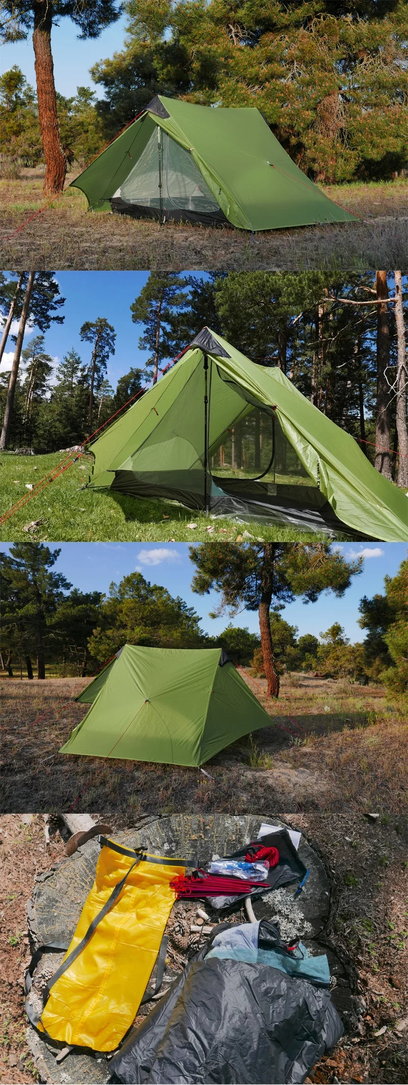 Ultralight 2-Person Camping Tent FLAME'S CREED 3-Season 15D Silnylon Rodless Tent for Outdoor Adventure