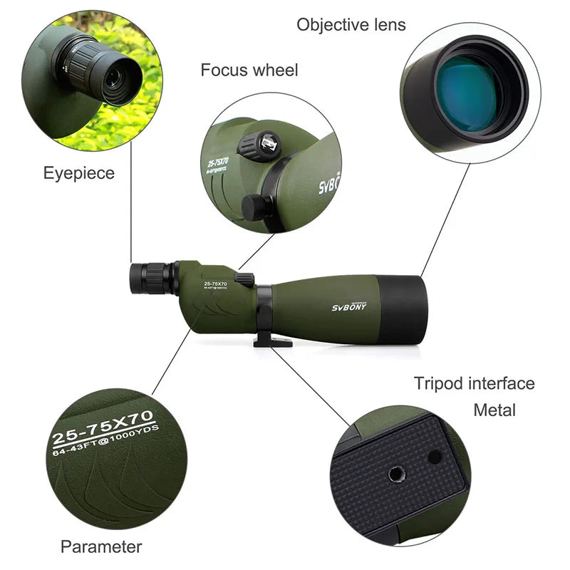 SVBONY SV17 25-75x70mm Spotting Scope Straight Waterproof Spotting Scope for Camping Hunting Bird Watching,Zoom Telescope Spygla