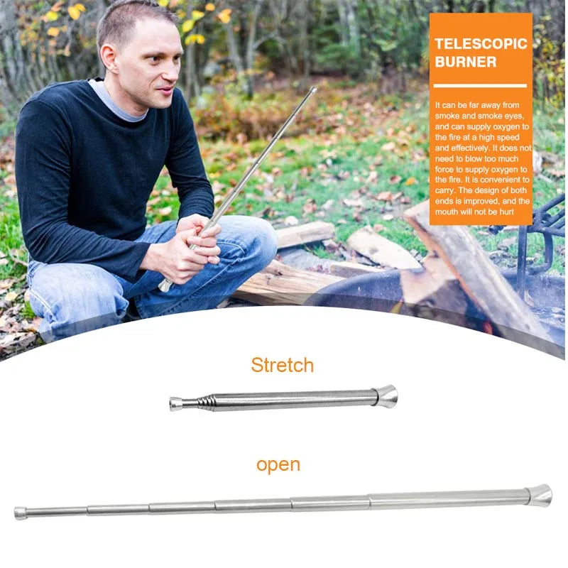 Fire Blow Pipe Telescopic Camping Blow Fire Tube Blower Stainless Steel Pipe Campfire Tool for Outdoor Picnic BBQ Fireplace