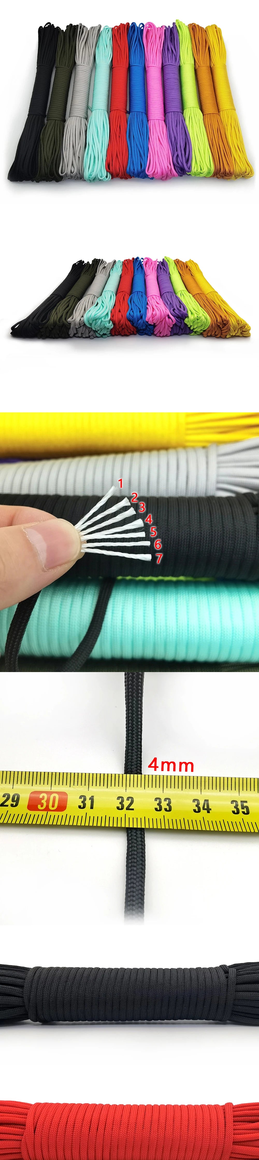 4 Size Dia.4mm 7 stand Cores Paracord for Survival Parachute Cord Lanyard Camping Climbing Camping Rope Hiking Clothesline