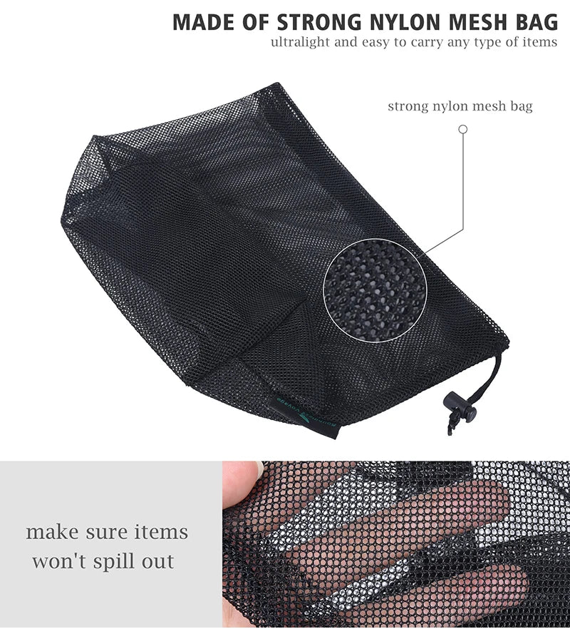 Boundless Voyage 5pcs Black Nylon Mesh Bag Gym Drawstring Net Bag Travel Stuff Sack for Cookware Outdoor Tools Storage Ditty Bag