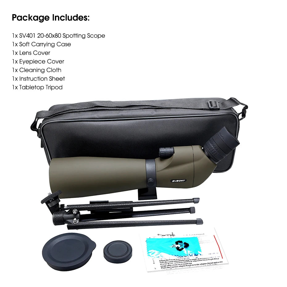 Svbony SV401 20-60x80 Spotting Scope BK7 Silver + MC Prism IPX6 Waterproof spyglass with Tripod Camping Equipment