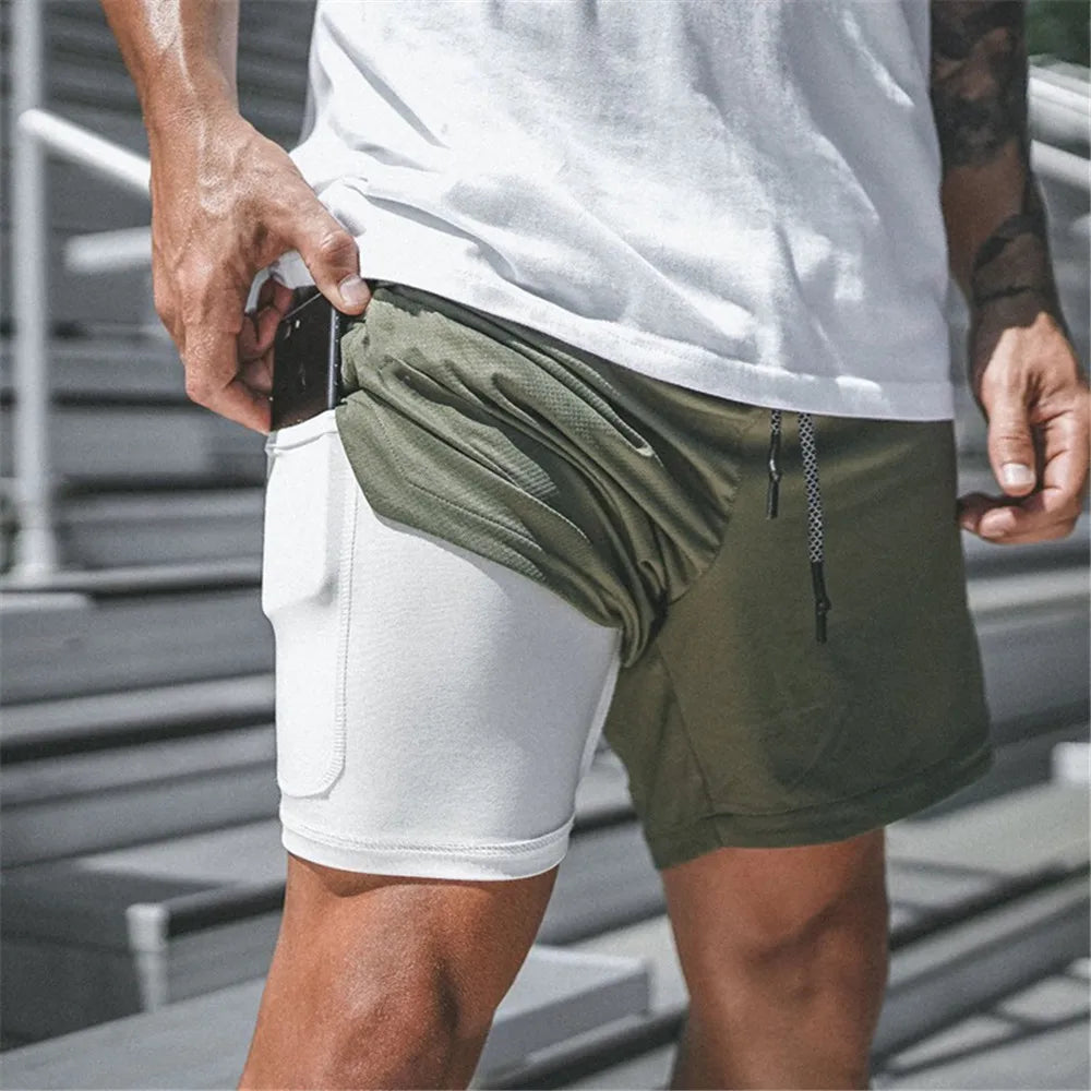 Men 2 in 1 Running Shorts Jogging Gym Fitness Training Quick Dry Beach Short Pants Male Summer Sports Workout Bottoms Clothing