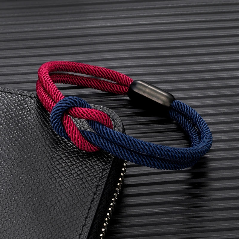 Stylish Two -Toned bondage Rope Square Knot Bracelet Men Women outdoor adventure climbing surf Bracelet With Black 316L Magnet