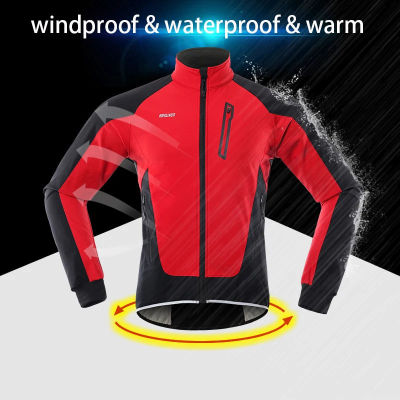 ARSUXEO Men's Winter Cycling Jacket Thermal Fleece Warm Up Bicycle Clothing Windproof Waterproof Soft Shell Coat MTB Bike Jersey