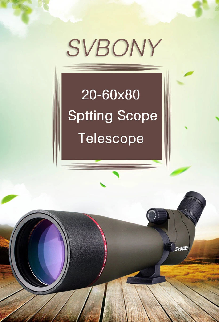 Svbony Telescope SV13 20-60x80 Zoom Spotting Scope 45-Degree Large Field of View Birdwatching Hiking Camping Equipment