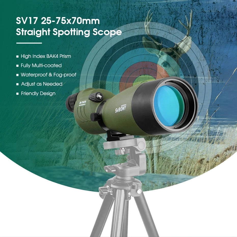 SVBONY SV17 25-75x70mm Spotting Scope Straight Waterproof Spotting Scope for Camping Hunting Bird Watching,Zoom Telescope Spygla