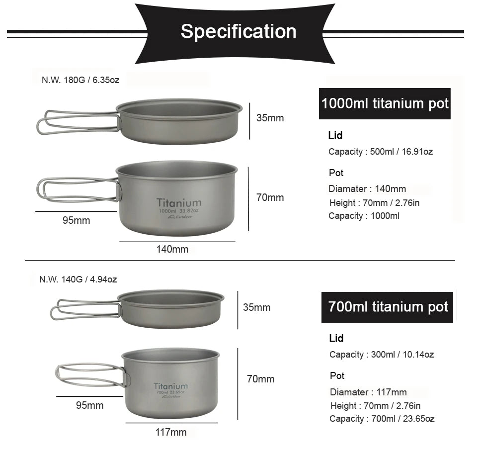 APG Ultralight Titanium Pan Outdoor Camping Tableware Titanium Pot Cookware