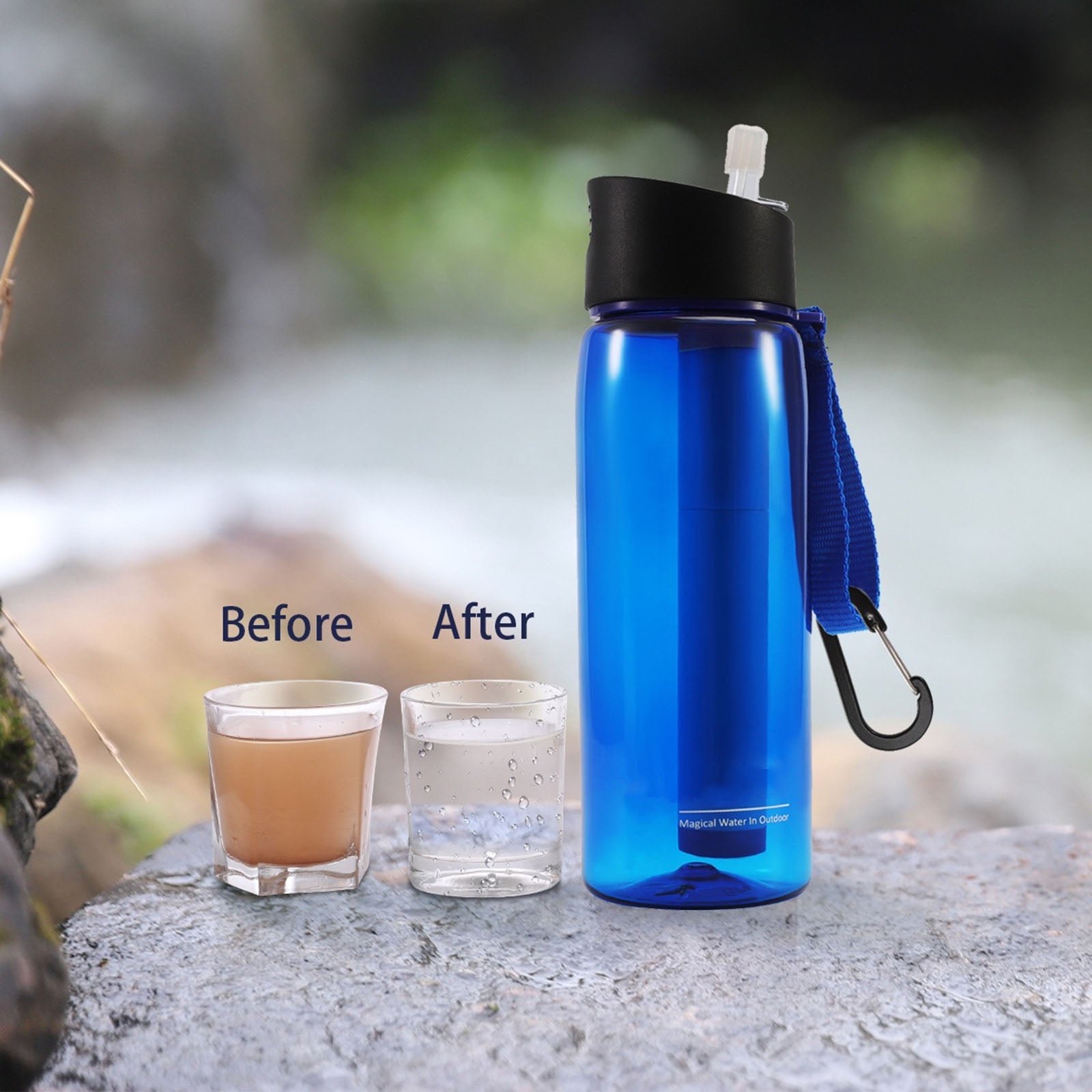 650ml Outdoor Water Filter Bottle Survival Camping Water Filtration Bottle Straw Purifier for Camping Hiking Traveling 22oz