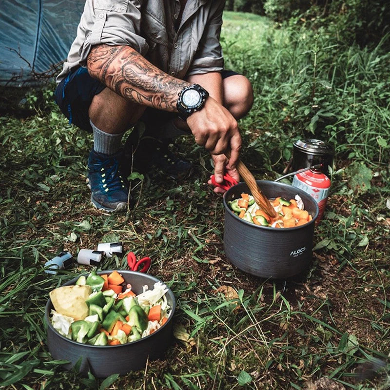 Alocs Outdoor Folding Camping Pot Cookware Mess Kit Pot Water Kettle Frying Pan Bowl Spoon Cooking Set Backpacking Picnic Hiking