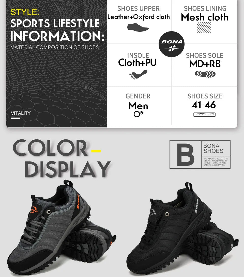 BONA New Arrival Hiking Shoes Man Mountain Climbing Shoes Outdoor Trainer Footwear Men Trekking Sport Sneakers Male Comfy