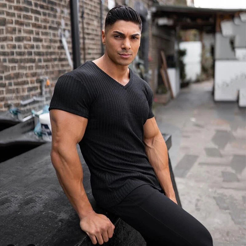 Running V Neck Short Sleeve T Shirt Men Fitness Slim Fit Sports Strips T-shirt Fashion Tees Tops Summer Knitted Gym Clothing