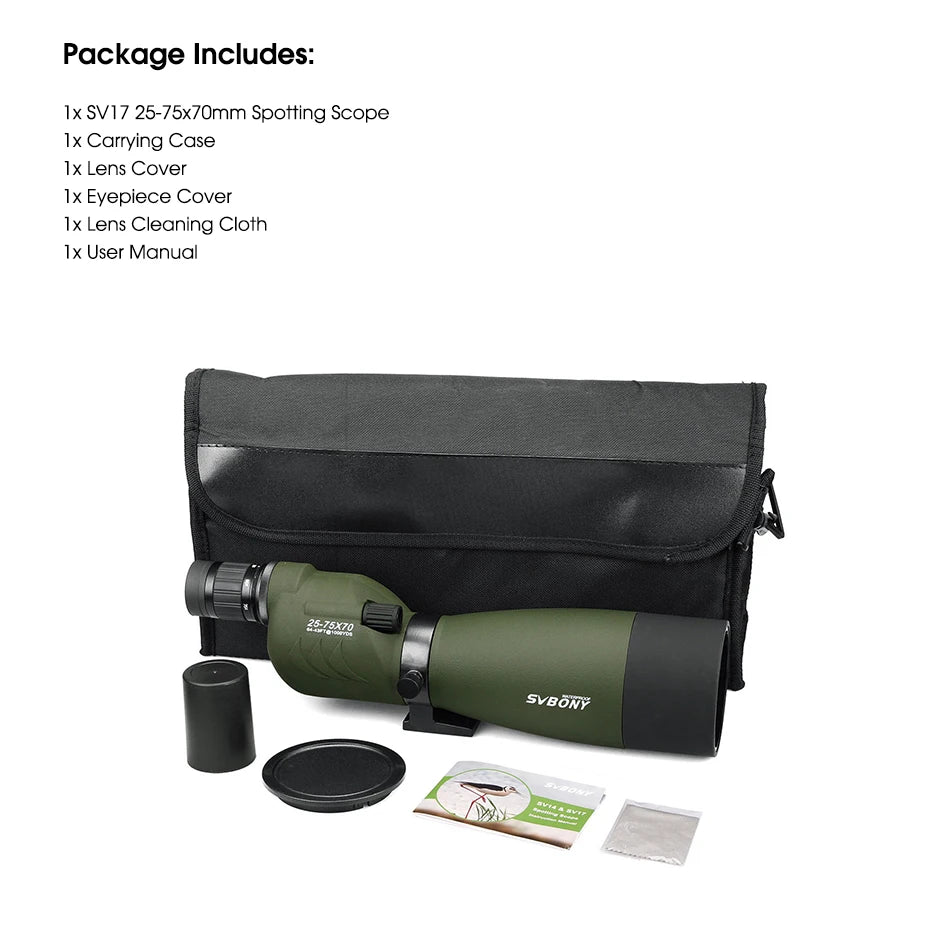 SVBONY SV17 25-75x70mm Spotting Scope Straight Waterproof Spotting Scope for Camping Hunting Bird Watching,Zoom Telescope Spygla