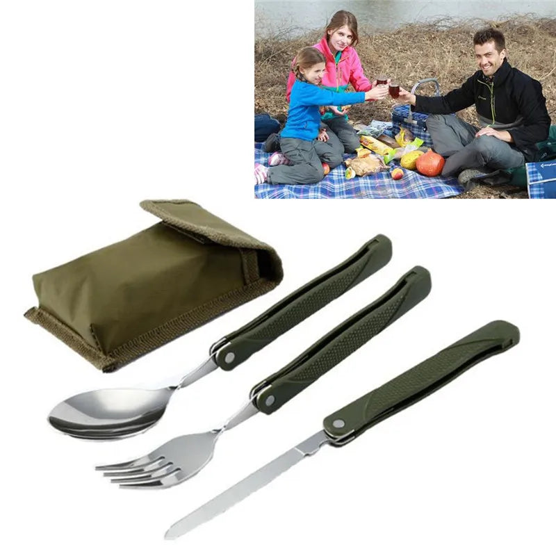 Long cookware backpack Spork fork stainless steel fold knife utensil spoon set combo Picnic camp cutlery tableware flatware