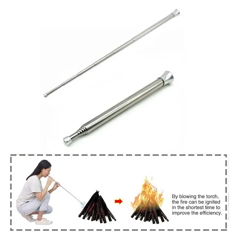 Fire Blow Pipe Telescopic Camping Blow Fire Tube Blower Stainless Steel Pipe Campfire Tool for Outdoor Picnic BBQ Fireplace