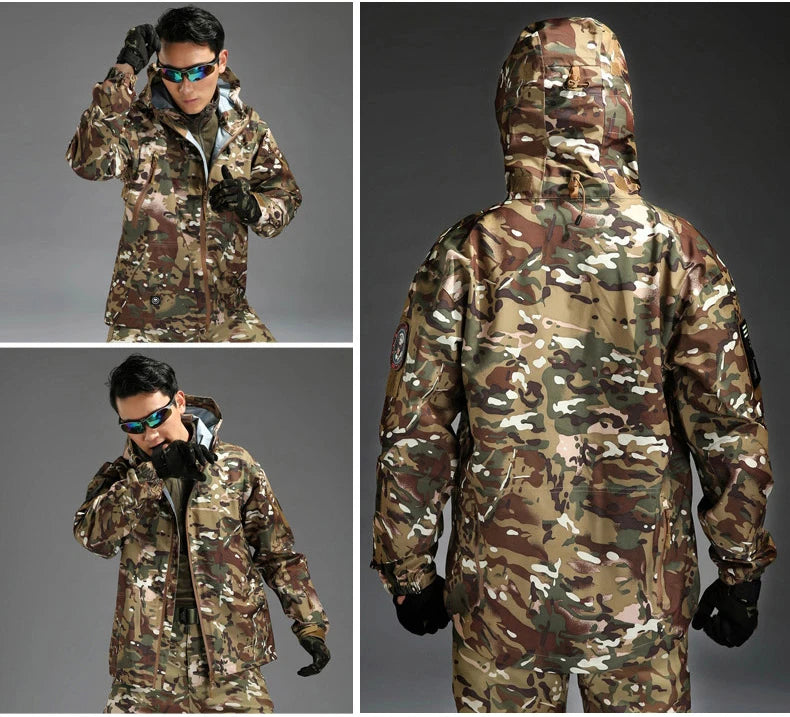 Outdoor Waterproof Hard Shell Jacket Men Camouflage Hooded Hardshell Thin Pressure Glue Windbreaker Coat Tops