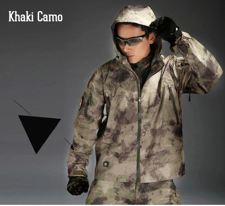 Outdoor Waterproof Hard Shell Jacket Men Camouflage Hooded Hardshell Thin Pressure Glue Windbreaker Coat Tops