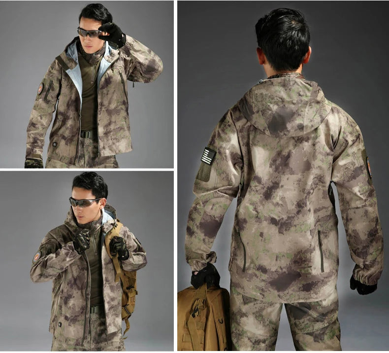 Outdoor Waterproof Hard Shell Jacket Men Camouflage Hooded Hardshell Thin Pressure Glue Windbreaker Coat Tops