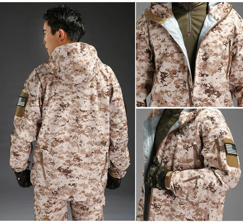 Outdoor Waterproof Hard Shell Jacket Men Camouflage Hooded Hardshell Thin Pressure Glue Windbreaker Coat Tops