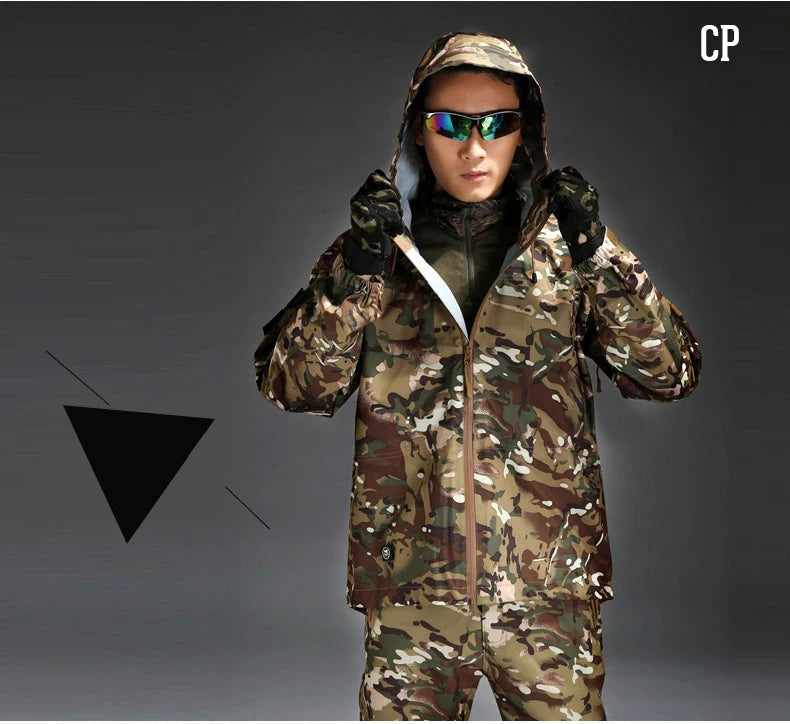 Outdoor Waterproof Hard Shell Jacket Men Camouflage Hooded Hardshell Thin Pressure Glue Windbreaker Coat Tops