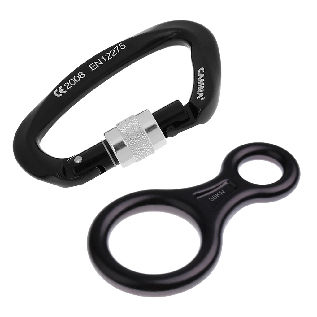 2 in 1 25KN Rock Climbing Screw Lock Carabiner + 35KN Figure 8 Rappelling Rope Descender Black