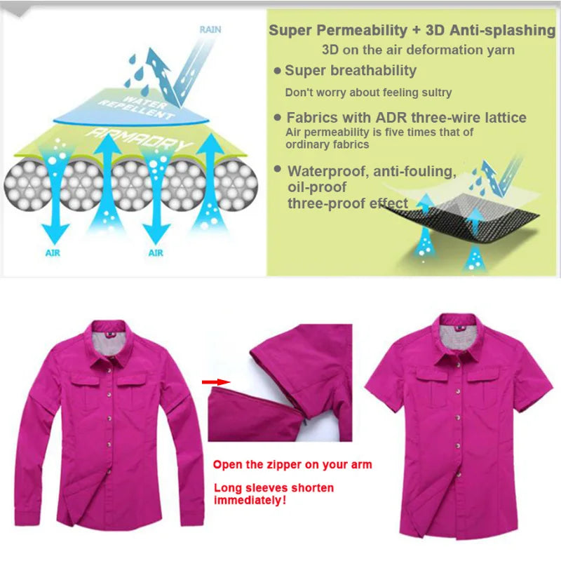 Summer Women Quick-drying Removable Shirts Hiking Outdoor Shirts Fishing Trekking Shirts Thin Clothing