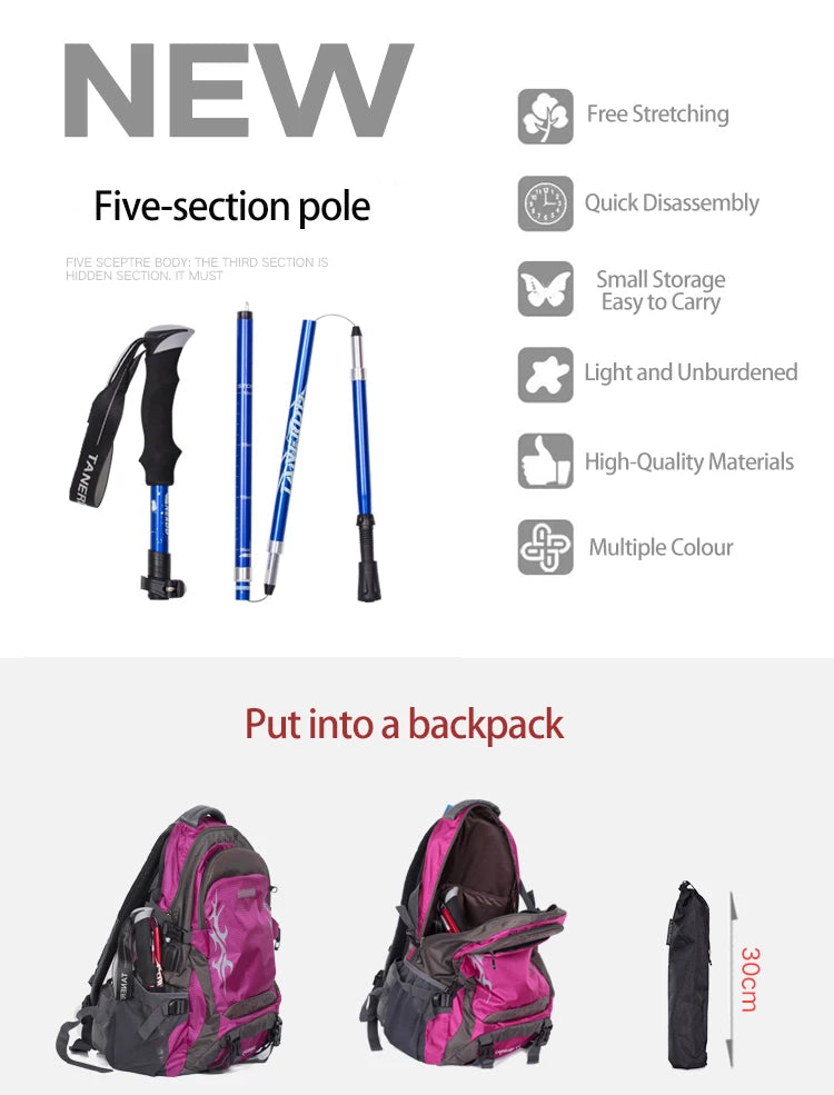 5-Section Outdoor Fold Trekking Pole Camping Portable Walking Hiking Stick For Nordic Elderly Telescopic Club Easy Put Into Bag