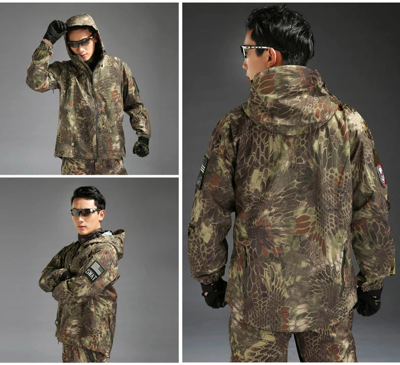 Outdoor Waterproof Hard Shell Jacket Men Camouflage Hooded Hardshell Thin Pressure Glue Windbreaker Coat Tops