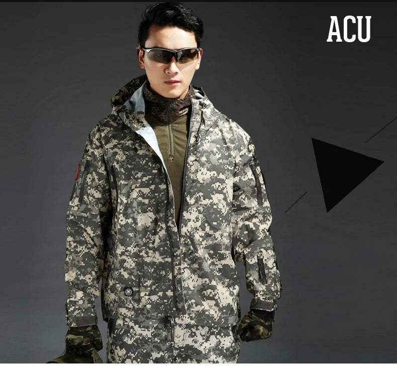 Outdoor Waterproof Hard Shell Jacket Men Camouflage Hooded Hardshell Thin Pressure Glue Windbreaker Coat Tops