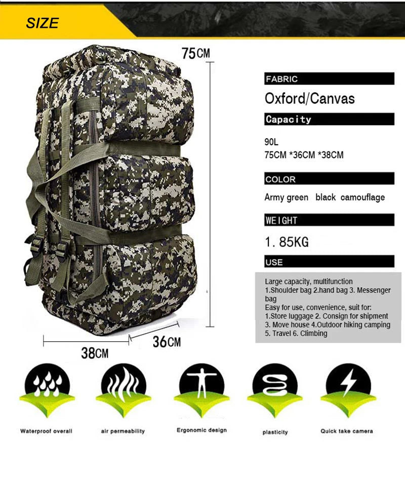 90L Large Capacity Man Tactical Backpack Bags 900D Waterproof Outdoor Hiking Camping Climbing Bag Travel Rucksack