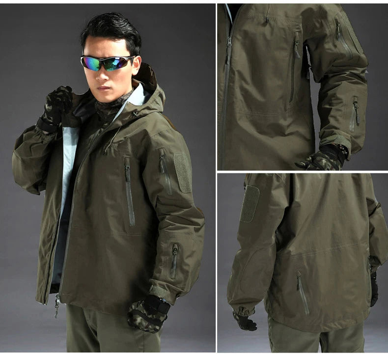 Outdoor Waterproof Hard Shell Jacket Men Camouflage Hooded Hardshell Thin Pressure Glue Windbreaker Coat Tops