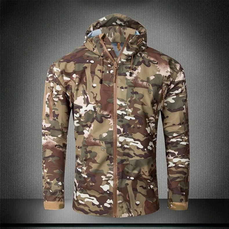 Outdoor Waterproof Hard Shell Jacket Men Camouflage Hooded Hardshell Thin Pressure Glue Windbreaker Coat Tops