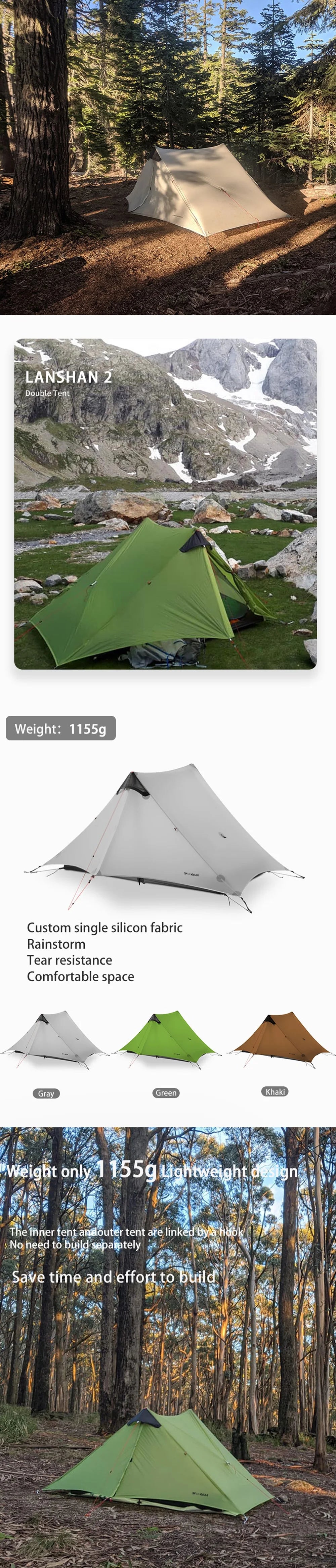 LanShan 2 3F UL GEAR 2 Person 1 Person Outdoor Ultralight Camping Tent 3 Season 4 Season Professional 15D Silnylon Rodless Tent