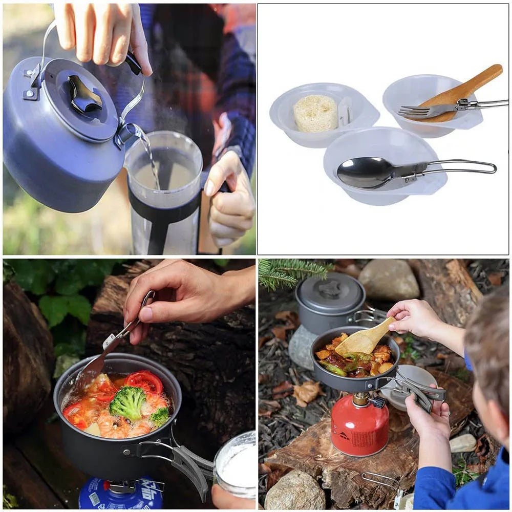 Camping Cooker Set Cookware Kit Outdoor Pot Pan Stove Kettle Cups Tableware Tourist Dishes Nature Hike Equipment