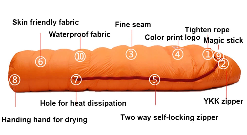 Very Warm White Goose Down Filled Adult Mummy Style Sleeping Bag Fit for Winter Thermal 4 Kinds of Thickness Travel Camping