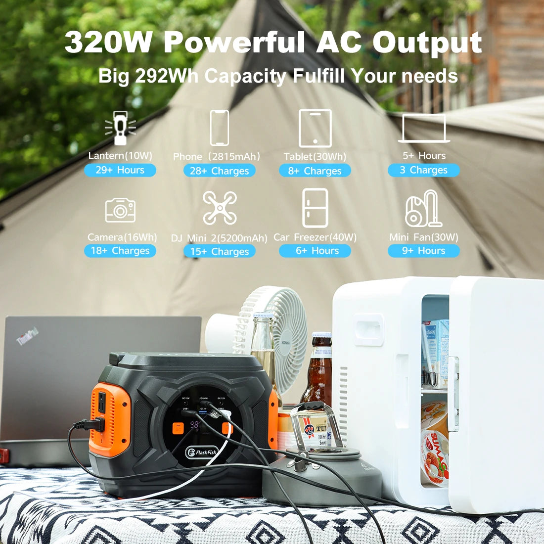 Flashfish Power Station 320W Portable Solar Generator 110V 230V Pure Sine Wave AC Output 292Wh Power Supply For Outdoor Camping