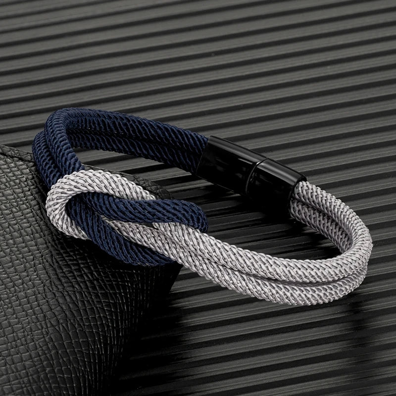 Men Women Stylish Two -Toned Bondage Rope Square Knot Bracelet Outdoor Adventure Climbing Surf Bracelet With Black 316L Magnet