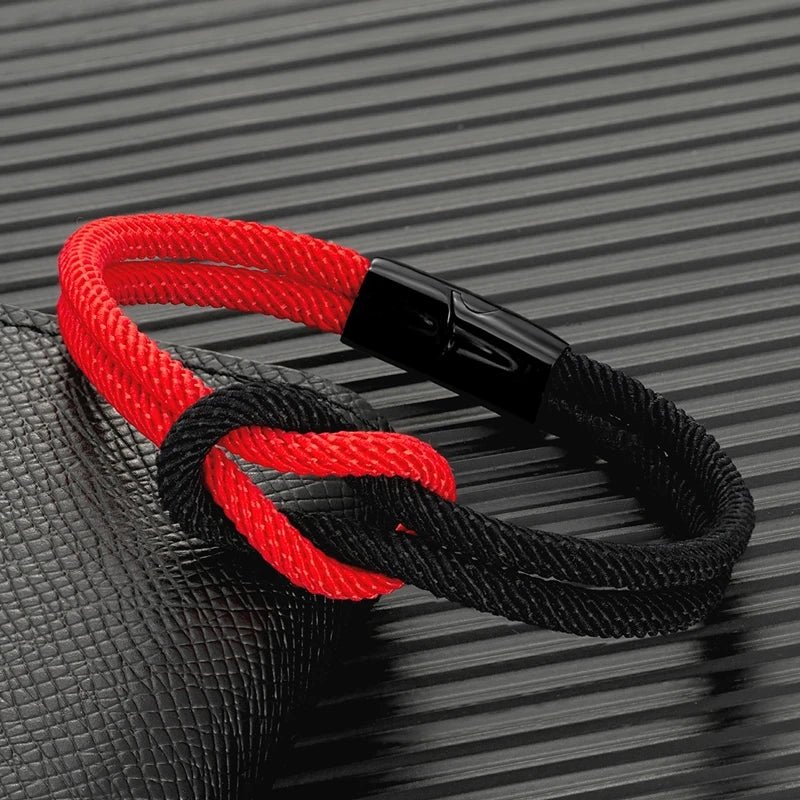 Men Women Stylish Two -Toned Bondage Rope Square Knot Bracelet Outdoor Adventure Climbing Surf Bracelet With Black 316L Magnet