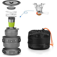 Camping Cooker Set Cookware Kit Outdoor Pot Pan Stove Kettle Cups Tableware Tourist Dishes Nature Hike Equipment